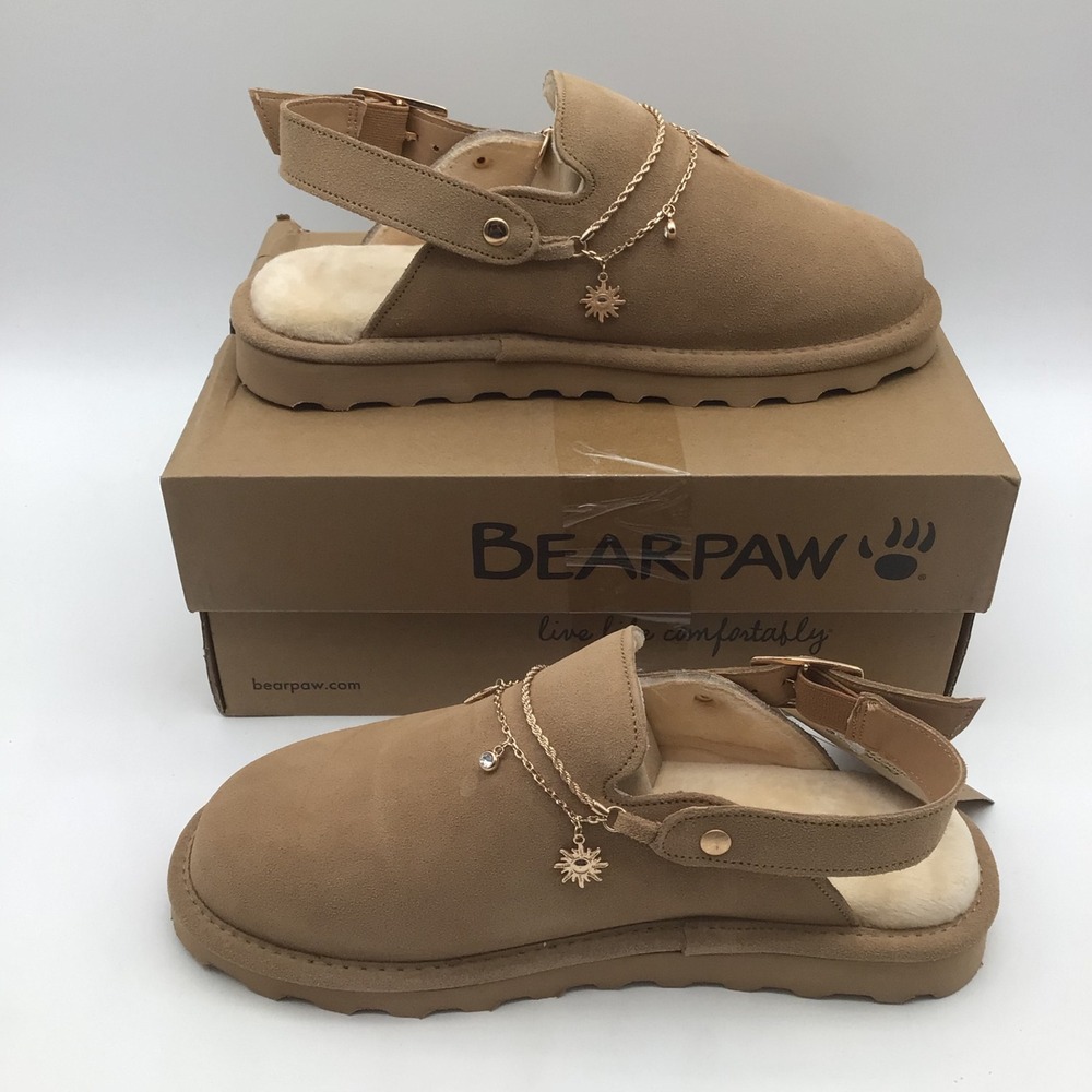 Bearpaw Lexi Toffee Suede Gold Charms Slingback Clogs Womens Size 10 NEW